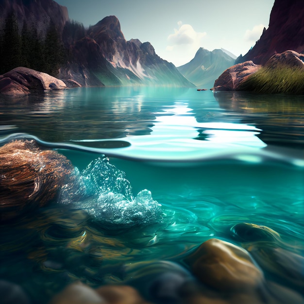 Water spring on mountains background. Clear streams of mountain water. Ai generative