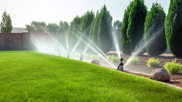 A water sprinkler is spraying water on a green lawn