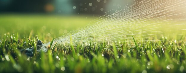 Water sprinkler system watering the perfect cut green grass panorama generative ai