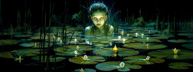 Photo water sprite wild girl in a green pond with lilies at night