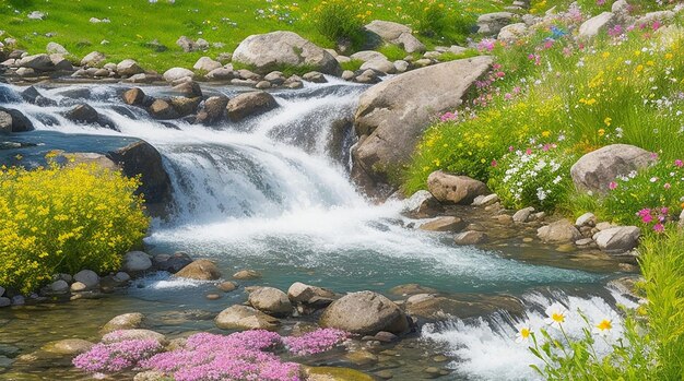 Water stream surrounded by mountains and flowers on a sunny day