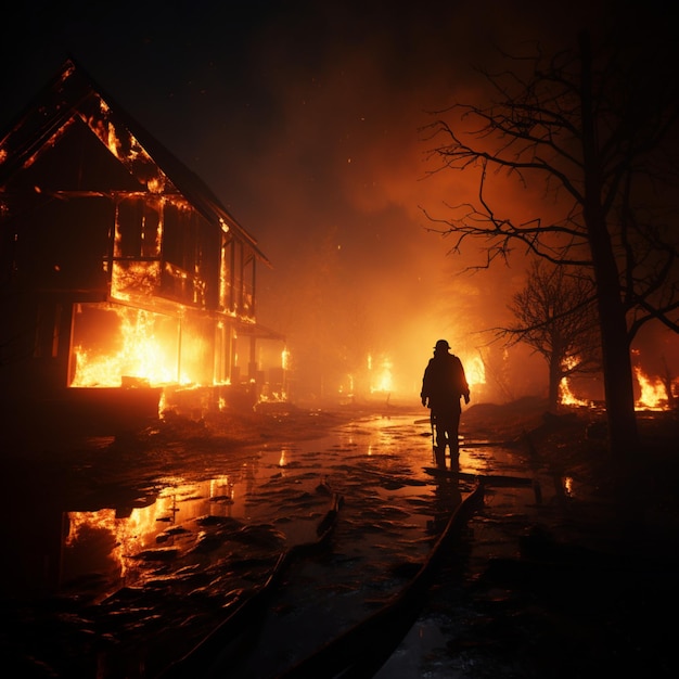 Water streams onto burnt structure firefighter quelling the smoldering aftermath of destruction For