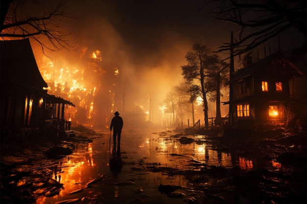 Water stroomt op verbrande brandweerman die de smeulende nasleep van vernietiging onderdrukt