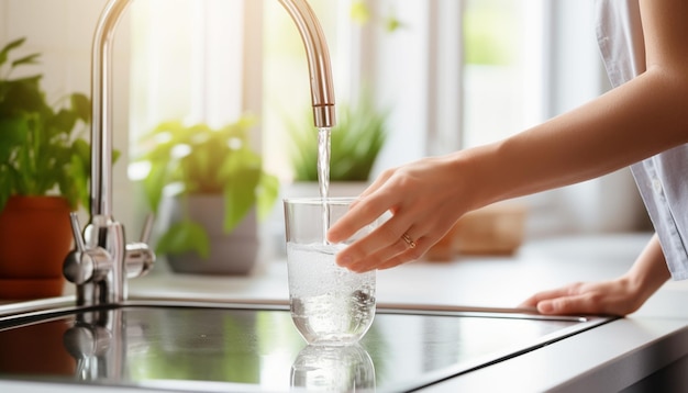 Water stroomt uit een kraan in een glas. De hand van de vrouw houdt vast.