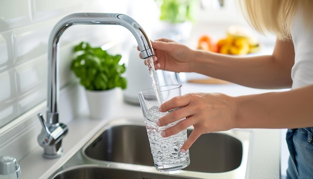 Water stroomt uit een kraan in een glas. De hand van de vrouw houdt vast.