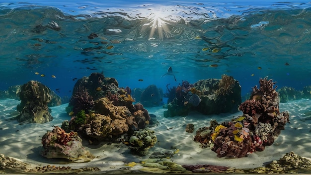 Water surface level shot of rocks and reefs at the sea on a sunny day