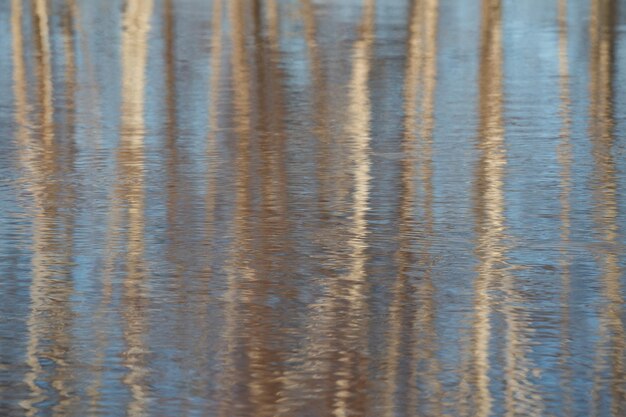 the water surface of a river or lake with sun glare at sunset