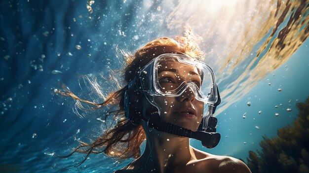 Foto sotto e sopra l'acqua vista della donna subacquea