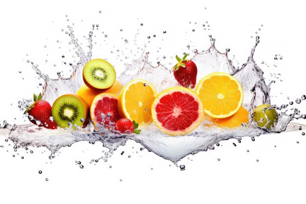 Water swirl wave splash with falling mix berries and fresh fruits isolated on white background