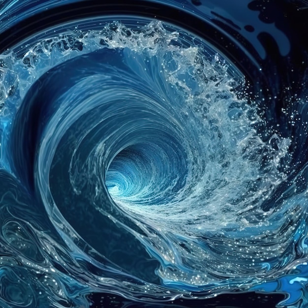 The water swirls into a whirlpool The water is blue and clear The wave takes the shape of a pipe Inside the whirlpool you can see the bubbles and foam Photo of the inside of the wave3D rendering