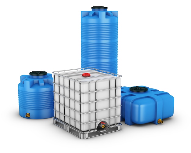 Photo water tank with metal grill and ccontainers for water of different shapes. 3d rendering.