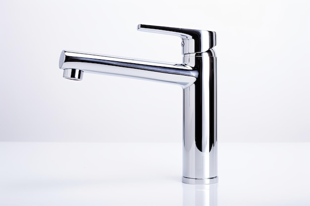 The water tap also known as a bathroom and kitchen mixer faucet is displayed alone on a white back