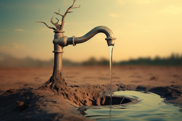 Foto acqua del rubinetto in terra secca