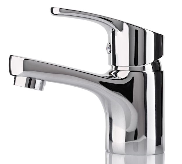 The water tap, faucet for the bathroom and kitchen mixer, isolated on a white. Chrome-plated metal. Side view