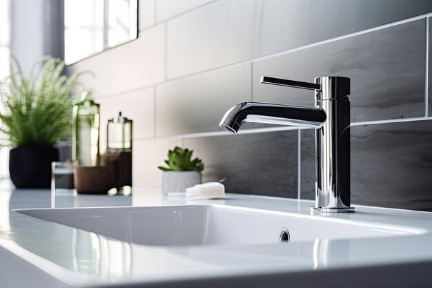 A water tap or faucet that releases water into a sink in a modern and clean bathroom in a house rep