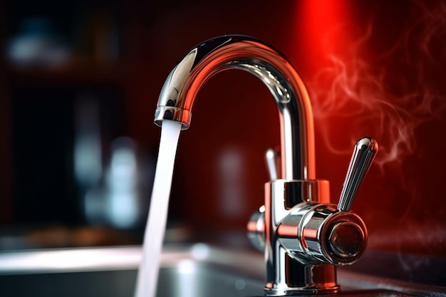 Photo water tap with hot water steam closeup view