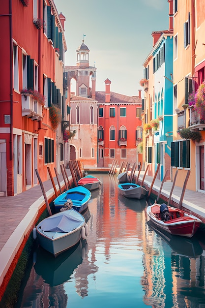 a water taxi is parked in front of a colorful building with a red building in the background.