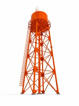 Torre dell'acqua. illustrazione 3d. isolato su sfondo bianco. serbatoio di risorse acquose e torre idrica per contenitori industriali ad alta struttura metallica.