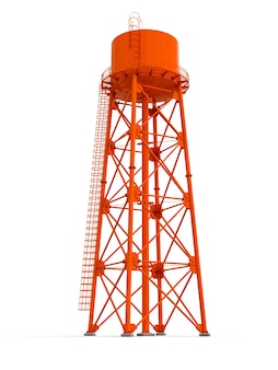 Illustrazione 3d della torre dell'acqua sul serbatoio delle risorse acquose di sfondo bianco