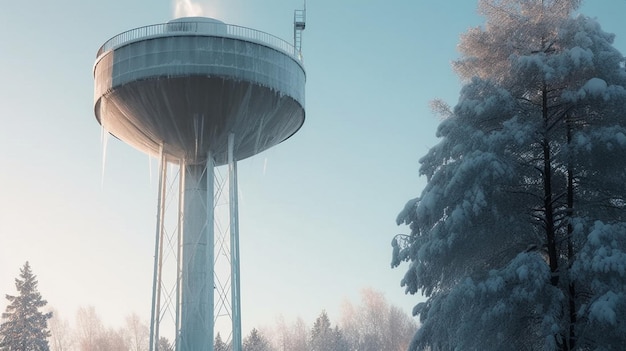 A water tower in the snow with a tree in the background