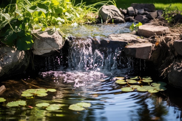 Photo water tumbling from a small stone waterfall into a pond