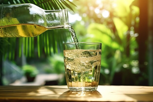 Foto water uit een fles op een houten tafel in een glas buiten. tropische achtergrond illustratie van een gezond drankje.