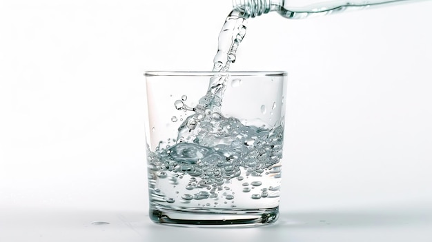 Water uit een fles op een witte achtergrond in een glas gegoten
