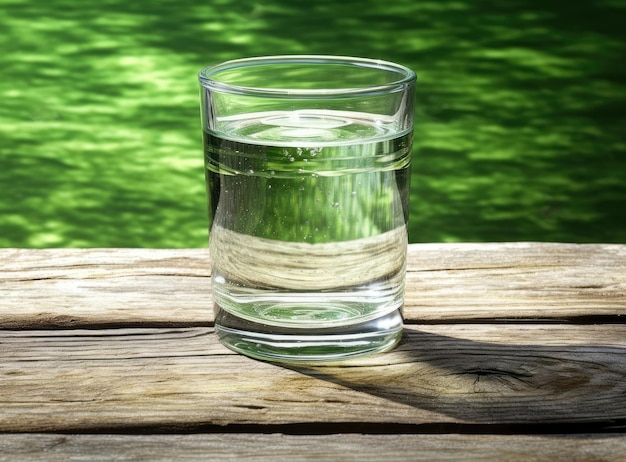 Foto water uit een kruik in glas op een houten tafel buiten gecreëerd met generatieve ai-technologie