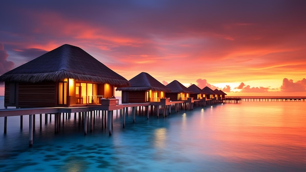Water villas on maldives resort island in sunset