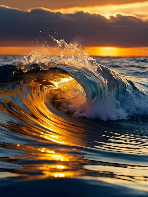 Foto ondata d'acqua con un tramonto dorato in una fotografia straordinaria