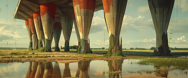 a water way with a bridge and a water tank under it