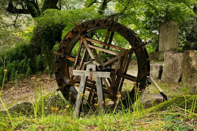 Water wheel and streets and traditional Japanese houses at Magome Juku town along the Nakasendo trai