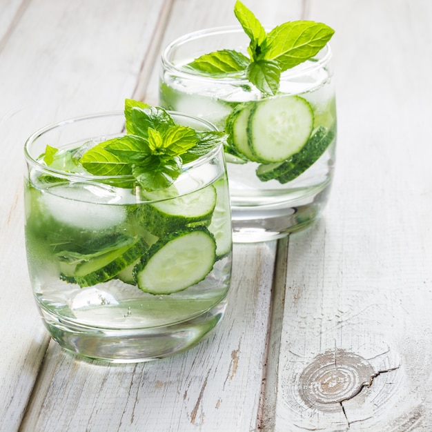 Water with cucumber, mint and ice in glass on white wooden background.