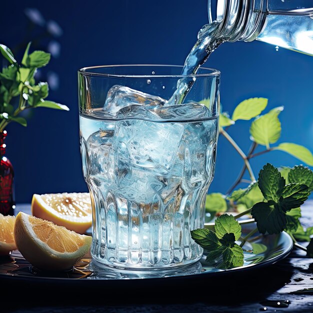 Photo water with ice in a glass on a blue background generative ai