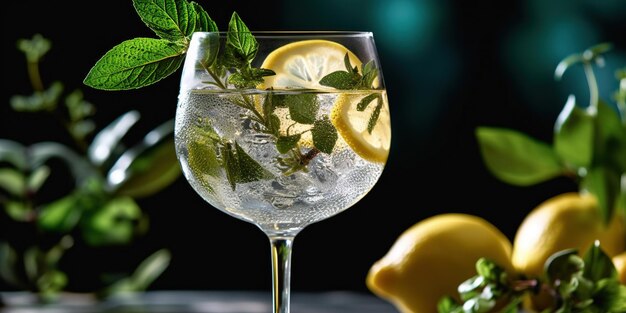 Water with ice lemon and mint leaves in wine glass vertical shot