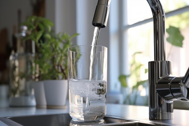 Foto waterbron in de keuken glazen beker gevuld uit de kraan met schoon water