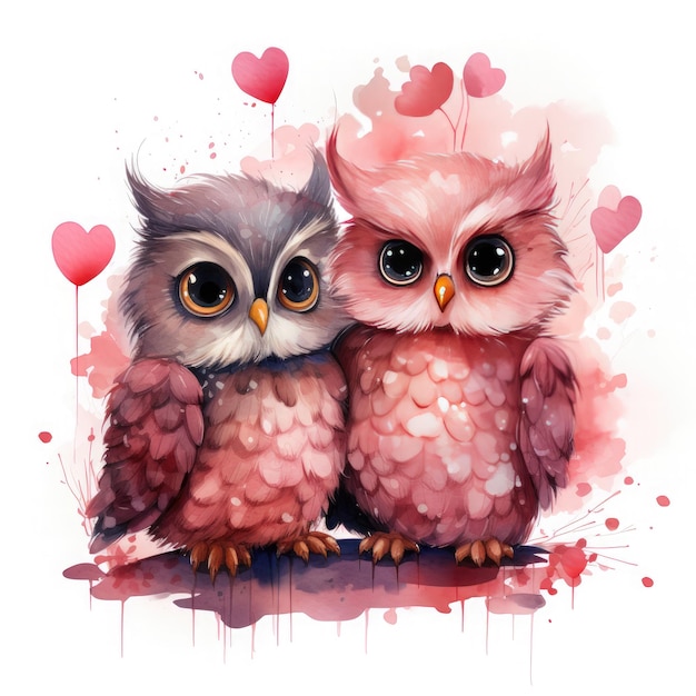 Photo waterco love couple chibi owl valentines heart clipart illustration generative ai