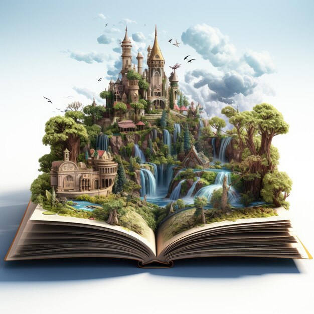 Waterco Открытая книга с фантастическим миром, появляющейся иллюстрацией Generative Ai