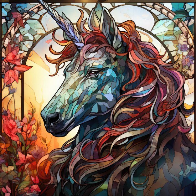 Foto finestra in vetro colorato waterco unicorn clipart illustrazione generative ai