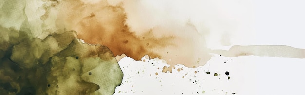 白いキャンバスの上で水彩の抽象的な背景で,土色の茶色とオリーブ緑のバナーパノラマのダイナミックなミックス
