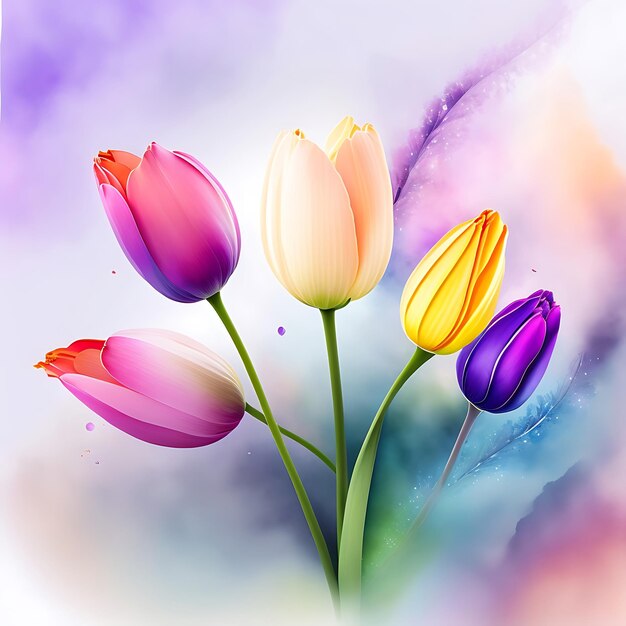 Watercolor abstract background with flowers tulips lilies and lavender spring colors wallpaper