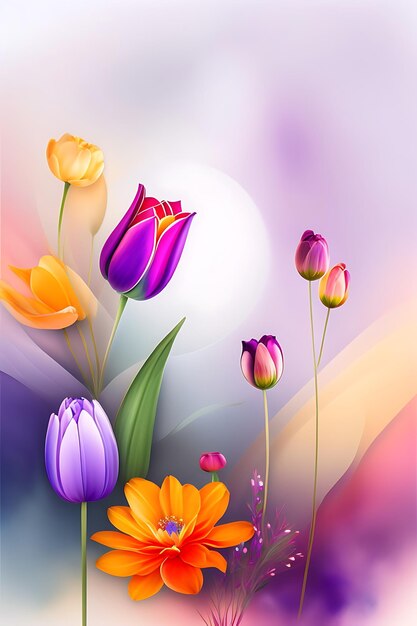 Watercolor abstract background with flowers tulips lilies and lavender