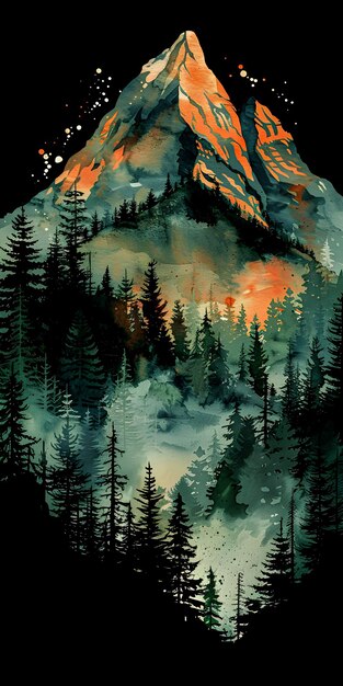 アクアカラー 抽象的なブラシ絵画 美しい山頂と杉の木
