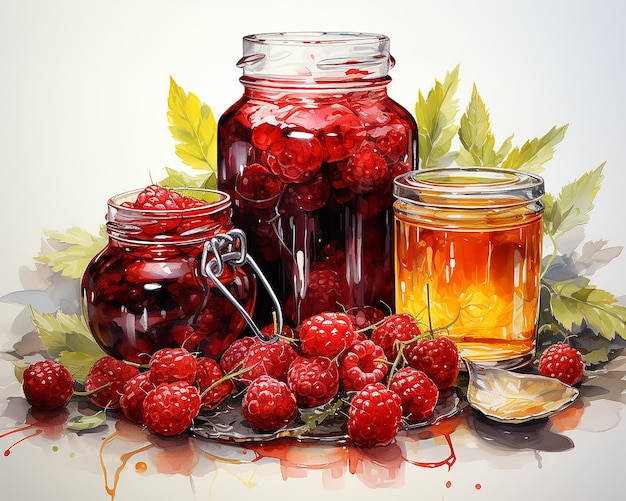 Watercolor abstract drawing on the theme of home canning of fruits and berries preserves juices fruit drinks illustration for a design project AI generated