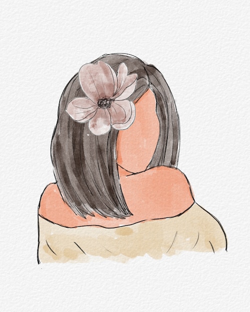 머리에 꽃과 어린 소녀의 수채화 추상 초상화. 수채화 그리기