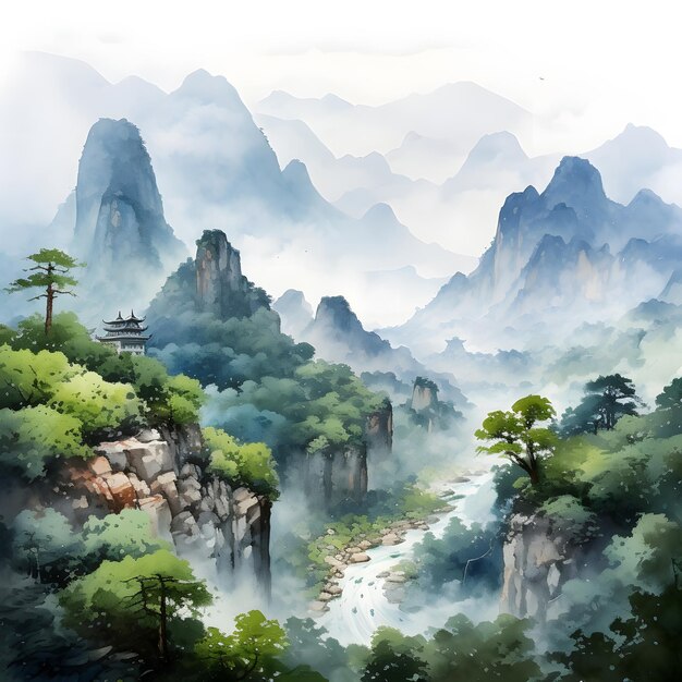 Watercolor Achinese mountain landscape watercolor hdrsian mountain landscape