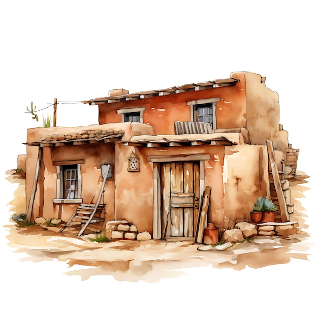 Photo watercolor adobe pueblo new mexico mud bricks wood vigas on white background aesthetics house