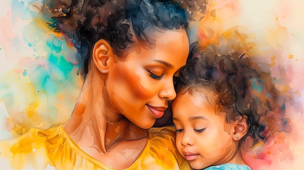 Watercolor of African American mother and little daughter isolated Mother39s Day concept