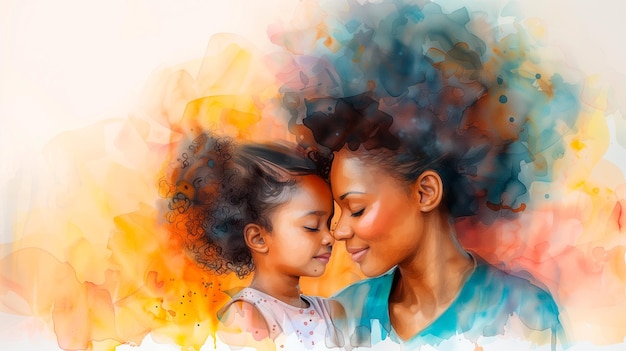 Watercolor of African American mother and little daughter isolated Mother39s Day concept