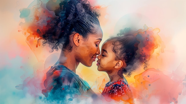 アフリカ系アメリカ人の母と小さな娘の水彩画 - マザーデーコンセプト